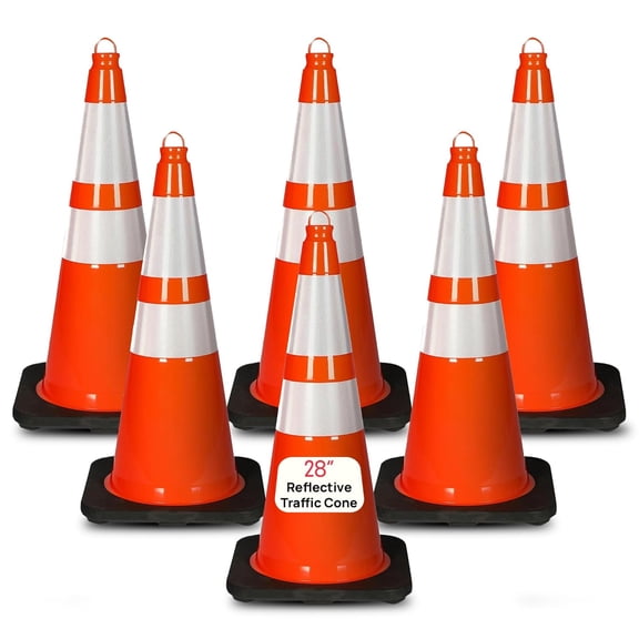 Pyle 28" High-Visibility PVC Safety Cones, 6-Pack Fluorescent Orange Traffic Cones with Heavy Base, Stackable & Durable