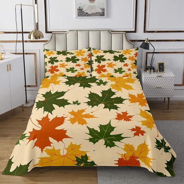 Ensemble de Couvre-Lit Feuilles d'Automne, Ensemble de Courtepointe Botanique Aquarelle Simple, Décoration de Chambre d'Automne Ferme