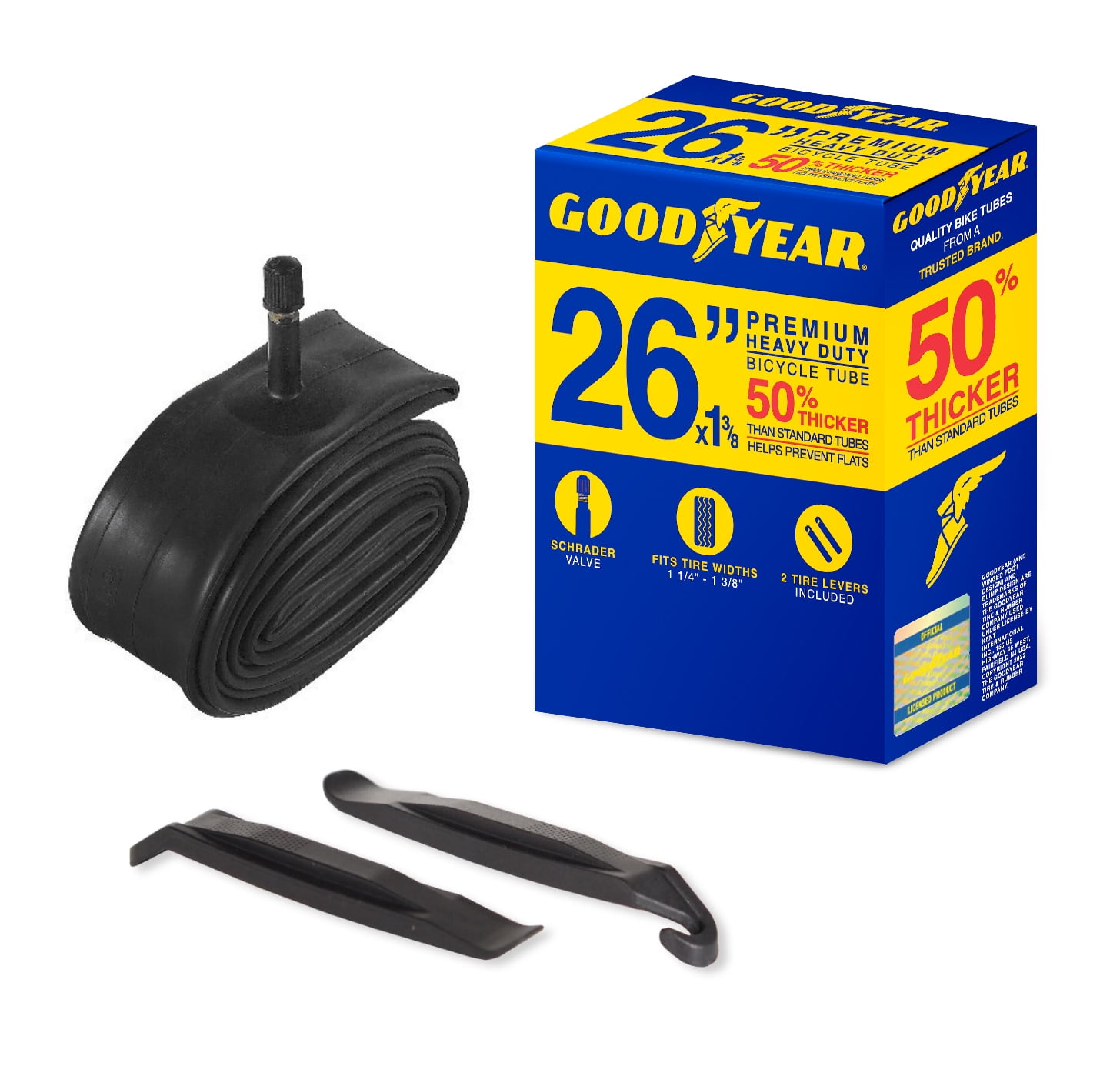 (2 pack) Goodyear Tire 26 in. x 1 3/8 Heavy Duty Bike Tube, Black, Standard Schrader Valve