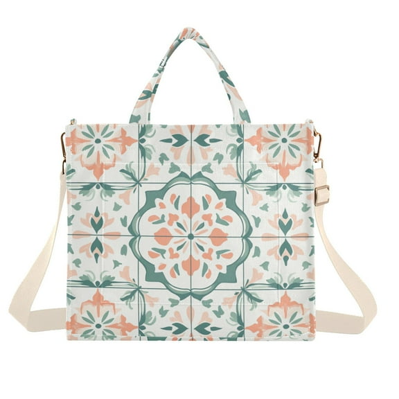 FORMRS Womens Corduroy Tote Bag Crossbody Shoulder Handbag with Pocket, Green Geometric Pattern