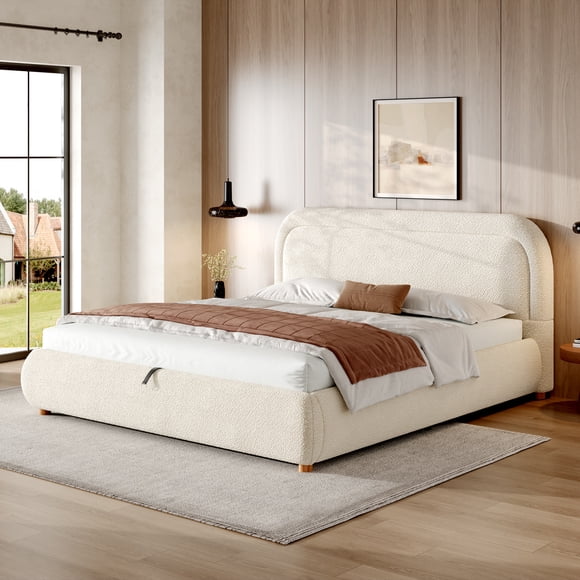Noble House King Hydraulic Lift Storage Platform Bed,Boucle Upholstered with Hidden Under-Bed Storage,Beige