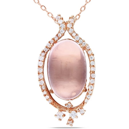 Tangelo 4 Carat T.G.W. Oval Rose Quartz and CZ Rose Rhodium-Plated Sterling Silver Fashion Pendant, 18
