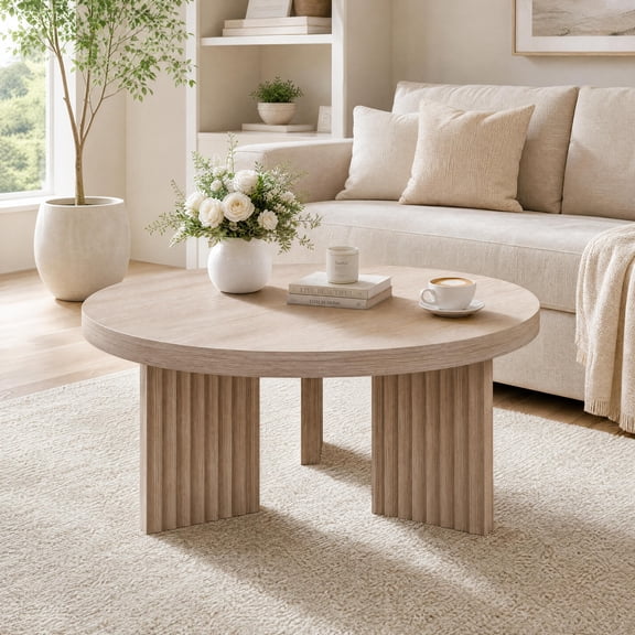 Modern Round Coffee Table for Living Room – 33.5" Diameter, Fluted Legs, 1.3" Thick Top, Farmhouse Accent Center Table, Easy Assembly