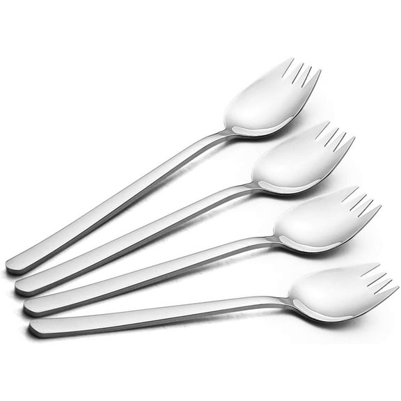 4-pack 18/10 Stainless Steel Sporks 7.4 Inches Long Handle Dessert Spoons Ice Cream Spoons Salad Forks Flatware Set Reusable Fruit Appetizer Dessert Forks for Household Use or Camping