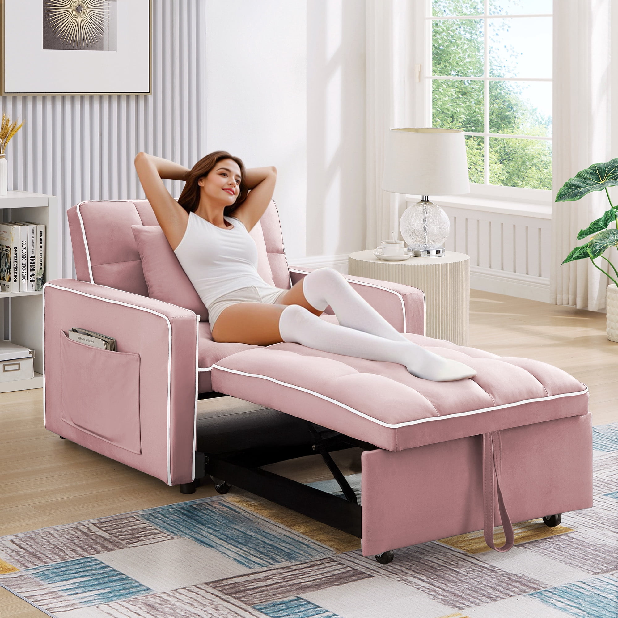 Dinosisco 4-in-1 Convertible Chair Bed, Sleeper Chair Lounge Chair Indoor, Modern Single Pull Out Couch for Living Room, Pink Velvet