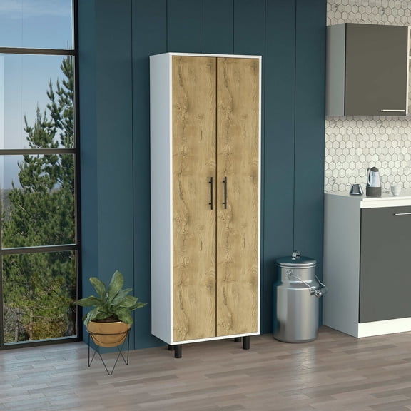 Wooden Cabinets, Multistorage Cabinet 71"H, Five Internal Shelves, Two Doors, White/Macadamia, Multicolor Living Room Cabinets,Particle Board Cabinets With Doors