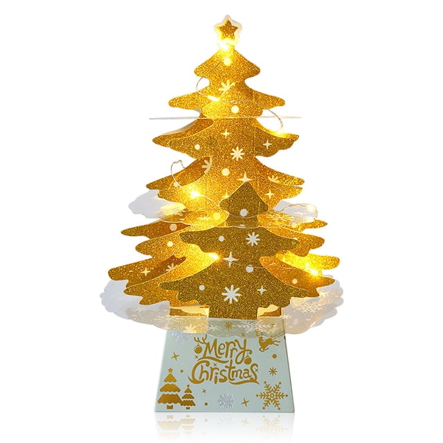 QualitChoice Tabletop Christmas Tree New Year Xmas Decortaion Warm White Lighting Batter Operated Dining Table Ornament Gold 1Set