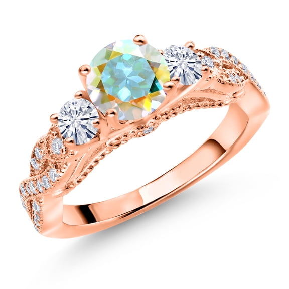 Gem Stone King 18K Rose Gold Plated Silver Mercury Mist Mystic Topaz and White Moissanite Engagement Ring for Women (1.47 Cttw, Gemstone, Round 6MM and 3MM, Size 9)