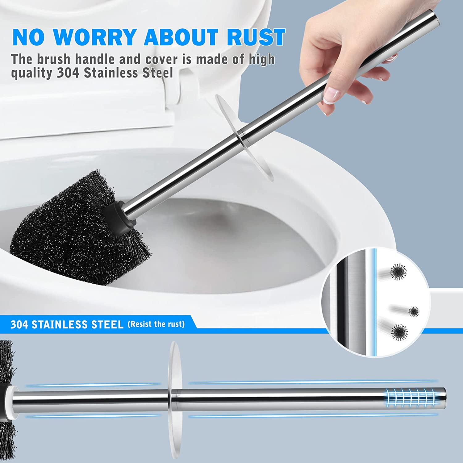 Toilet Brush and Holder, 2 Pack Toilet Brush with 304 Stainless Steel Long Handle, Toilet Bowl Brush for Bathroom Toilet-Ergonomic, Elegant,Durable (Black)