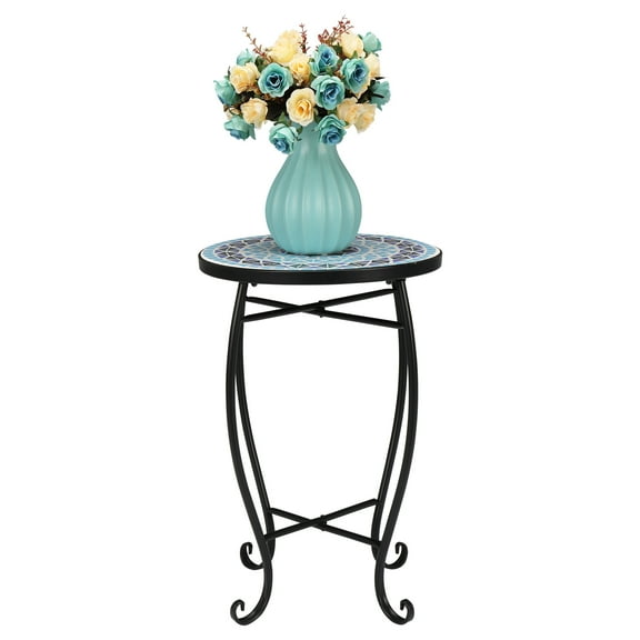 Hassch Round Side Table, Indoor Outdoor Plant Stand, Metal Accent Table for Living Room, Patio, Balcony, Yard, Porch, Garden, Blue Ocean