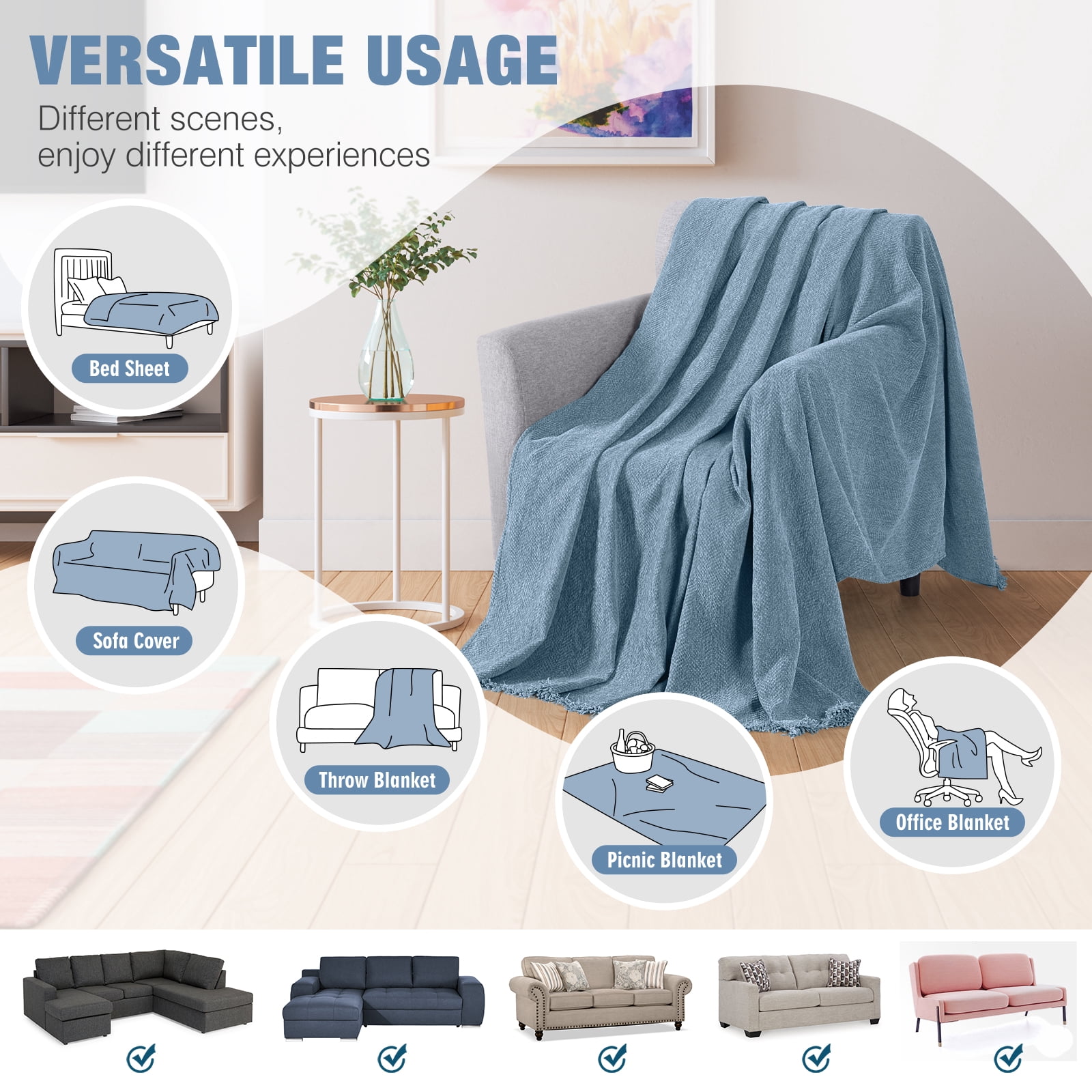 Timeles Couch Covers Washable Sofa Slipcovers with Tassels Sofa Blanket Soft Armchair Cover Durable Furniture Protector for Kids Pets (71" x 71", Blue)