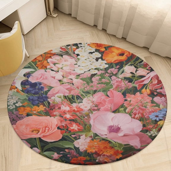 Spring Flowers Round Area Rugs for Bedroom Living Room, 4FT Soft Indoor Circle Carpets, Carpet Home Decor Floor Mat