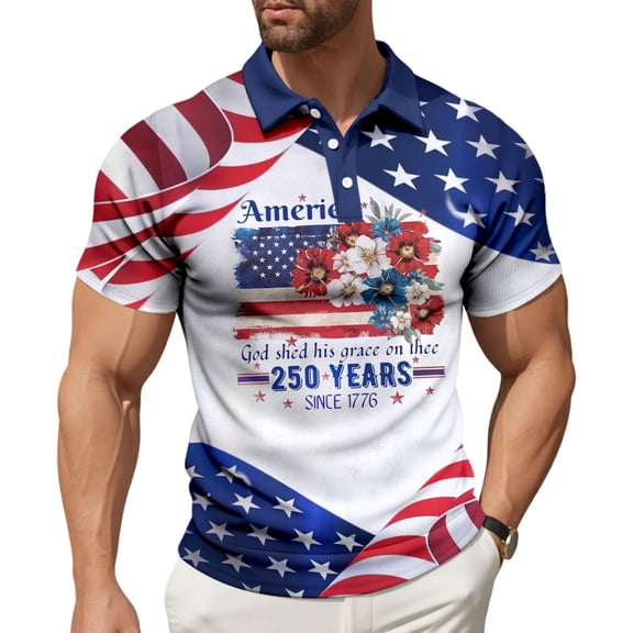 adaychics Patriotic Golf Shirts for Men 250 Years 4th of July Golf Shirts US Flags Summer Tops for Parade