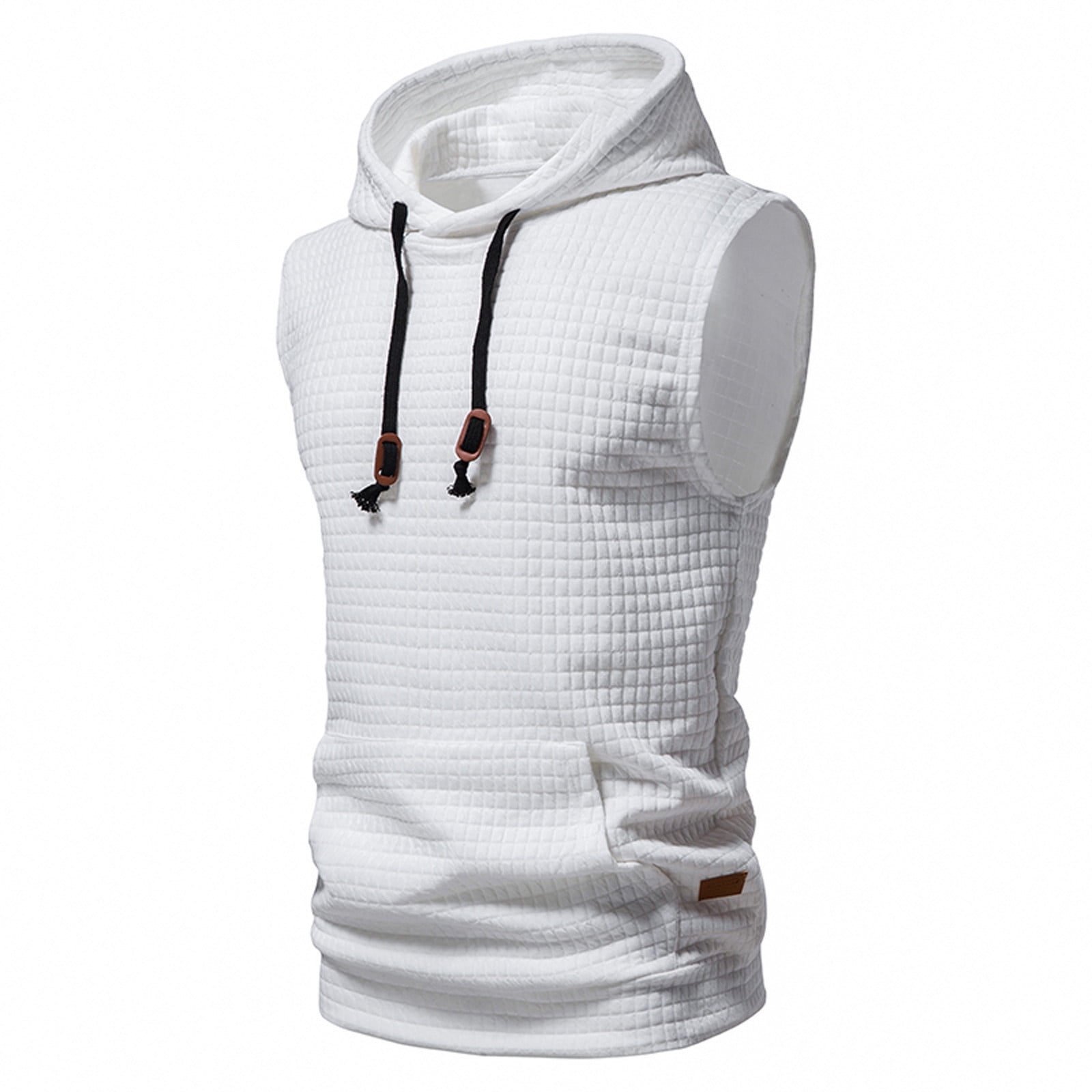 Miluxas Men's Workout Top Soft Hoodie Vest Fitted Running Waffle Knit Sleeveless Hooded Tank Summer Pocket Slim Fit Hoodies White