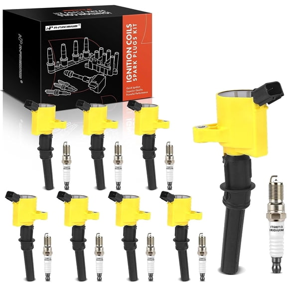 A-Premium (Yellow) Set of 16 Ignition Coil Pack and Iridium Spark Plugs Compatible with Ford F-150 Expedition E-250 Crown Victoria Explorer Mustang E-150 & Lincoln Town Car & Mercury 4.6L 5.4L