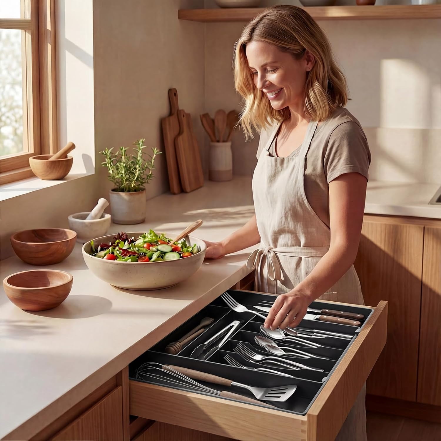 Extra Large Silverware Organizer, Slot Expandable Kitchen Drawer Organizer, Utensil Holder, Heavy Duty Stainless Steel Frame Silverware Drawer Organizer