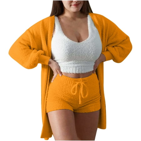 

Women s Fuzzy 3 Piece Lounge Set Soft Comfy Pajama Set Cami Crop Top Shorts Open Front Cardigan Loungewear Sleepwear