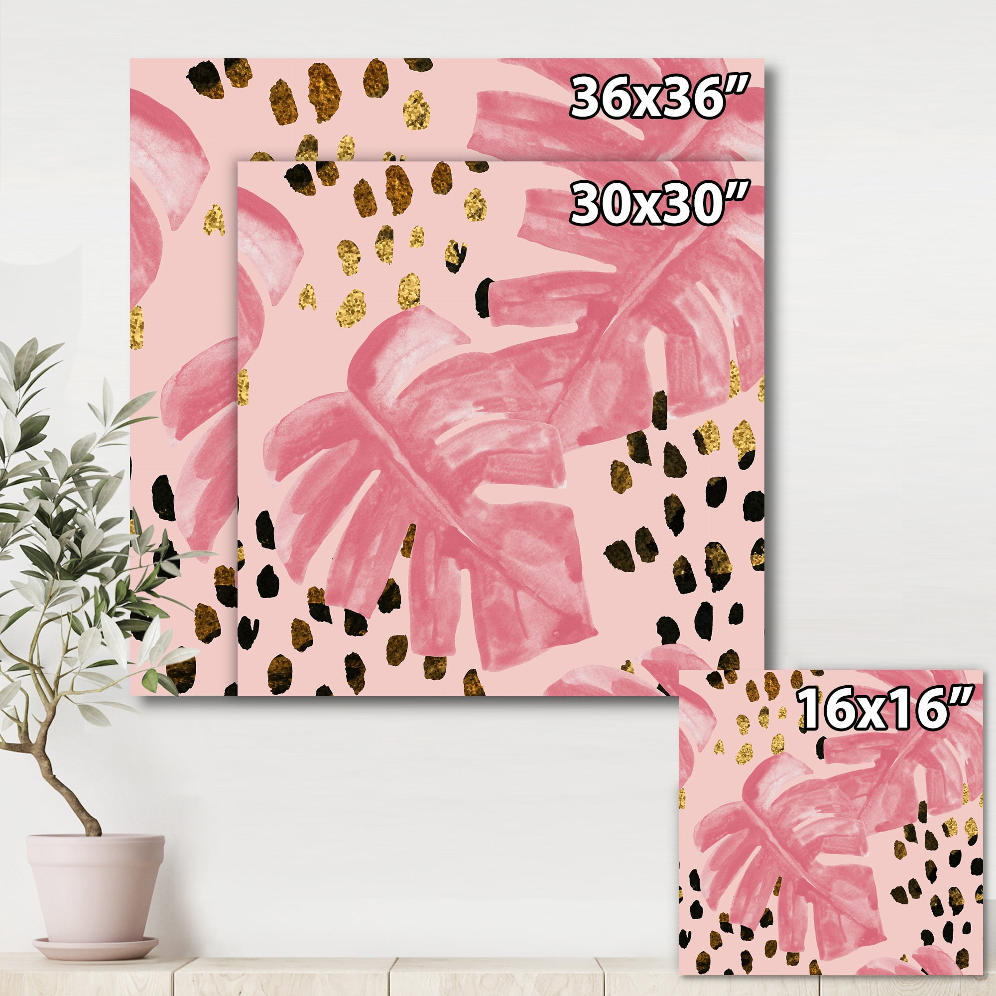 Designart ' Rough Brush Strokes Pink Colored Monstera I ' Tropical Canvas Wall Art Print
