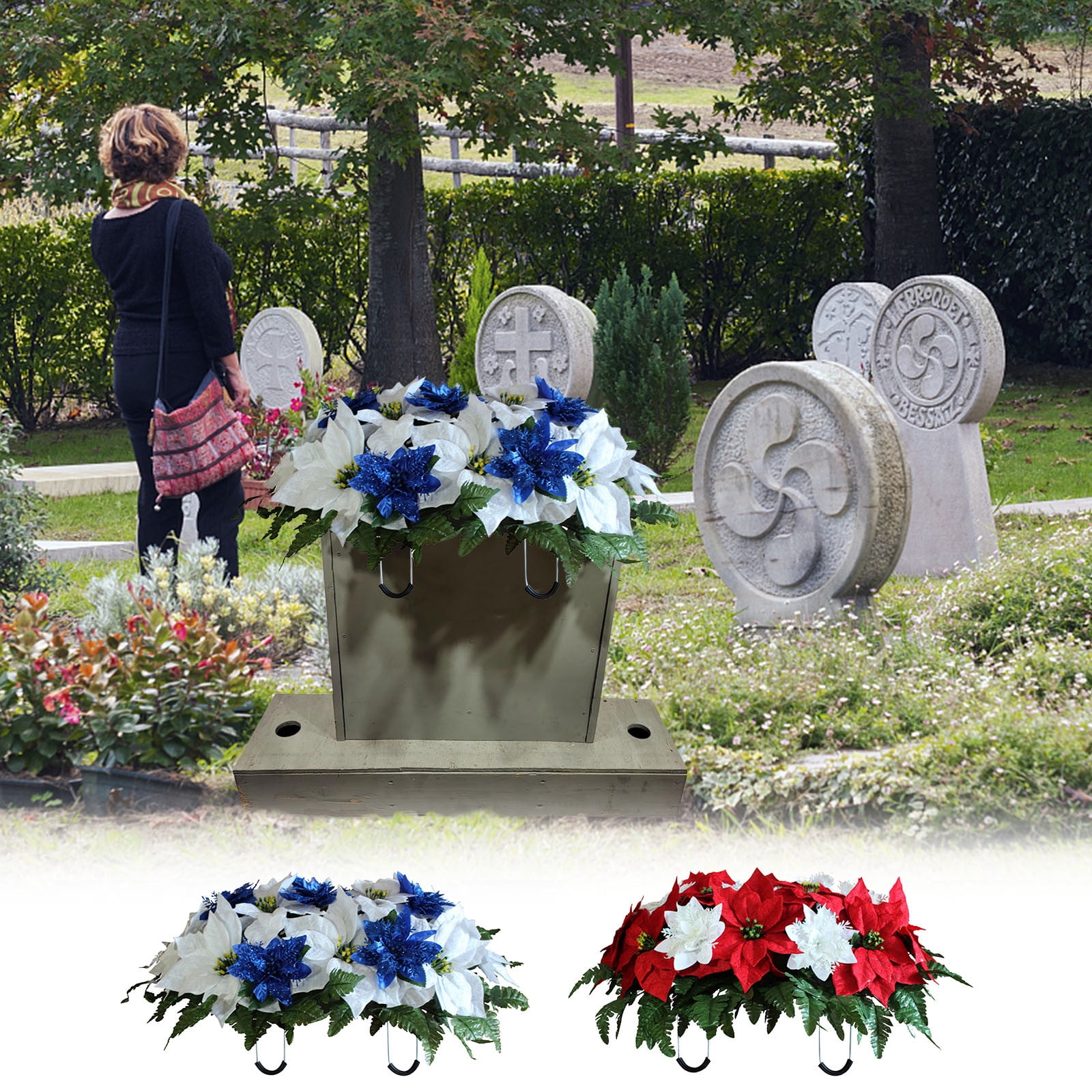 Darzheoy Headstone Flower Saddle, Silks Artificial Cemetery Flowers for Grave, Realistic Flower Arrangement for Outdoor Memorial Decorations