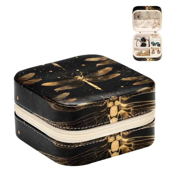 PhooArto Small Jewellery Box, Golden Dragonfly Patterns Portable Travel Mini Jewelry Case for Women Leather Ring Organizer