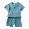thumbnail image 2 of Summer Outfits for Boys, Casual Sets for Little Boys Solid Muslin Gauze Short Sleeve T-Shirt and Matching Shorts Casual Toddler Outfit, 2 of 5