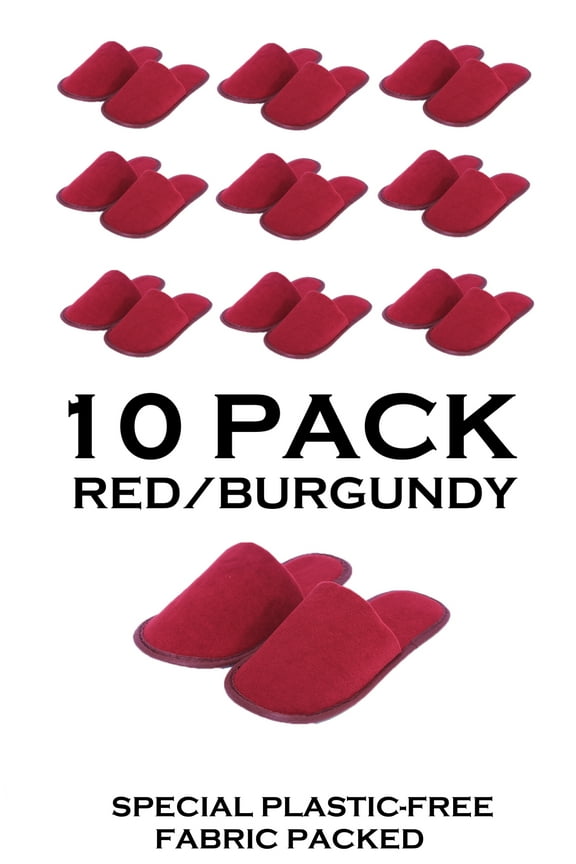 Red/Burgundy 10 Pairs Fabric Packed Terry Cotton Disposable Hotel Slippers for Airbnb Spa Wedding Guests Adult Men Women Size 10-11