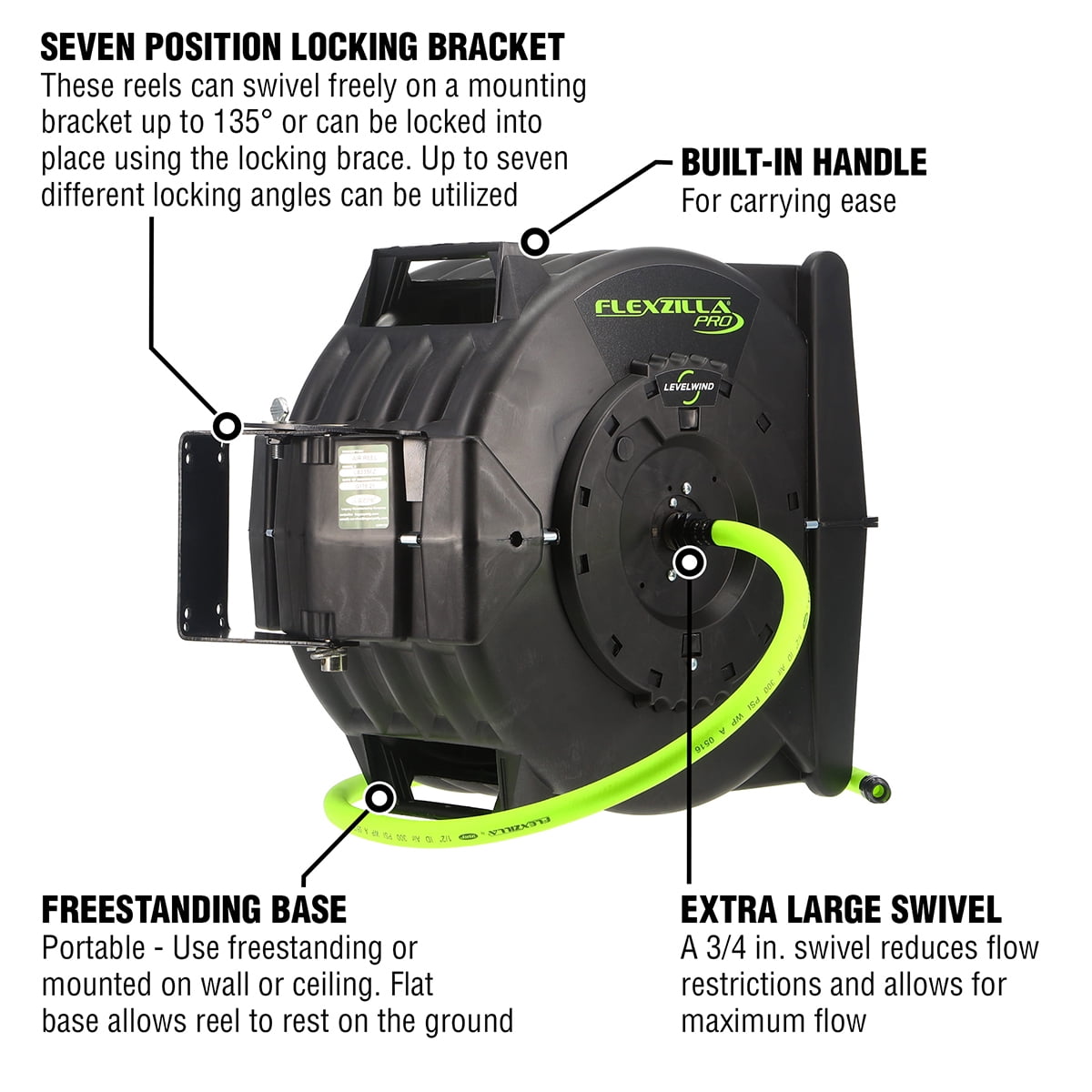 Flexzilla® Pro Retractable Air Hose Reel with Levelwind™ Technology, 1/2" x 50', ZillaGreen™