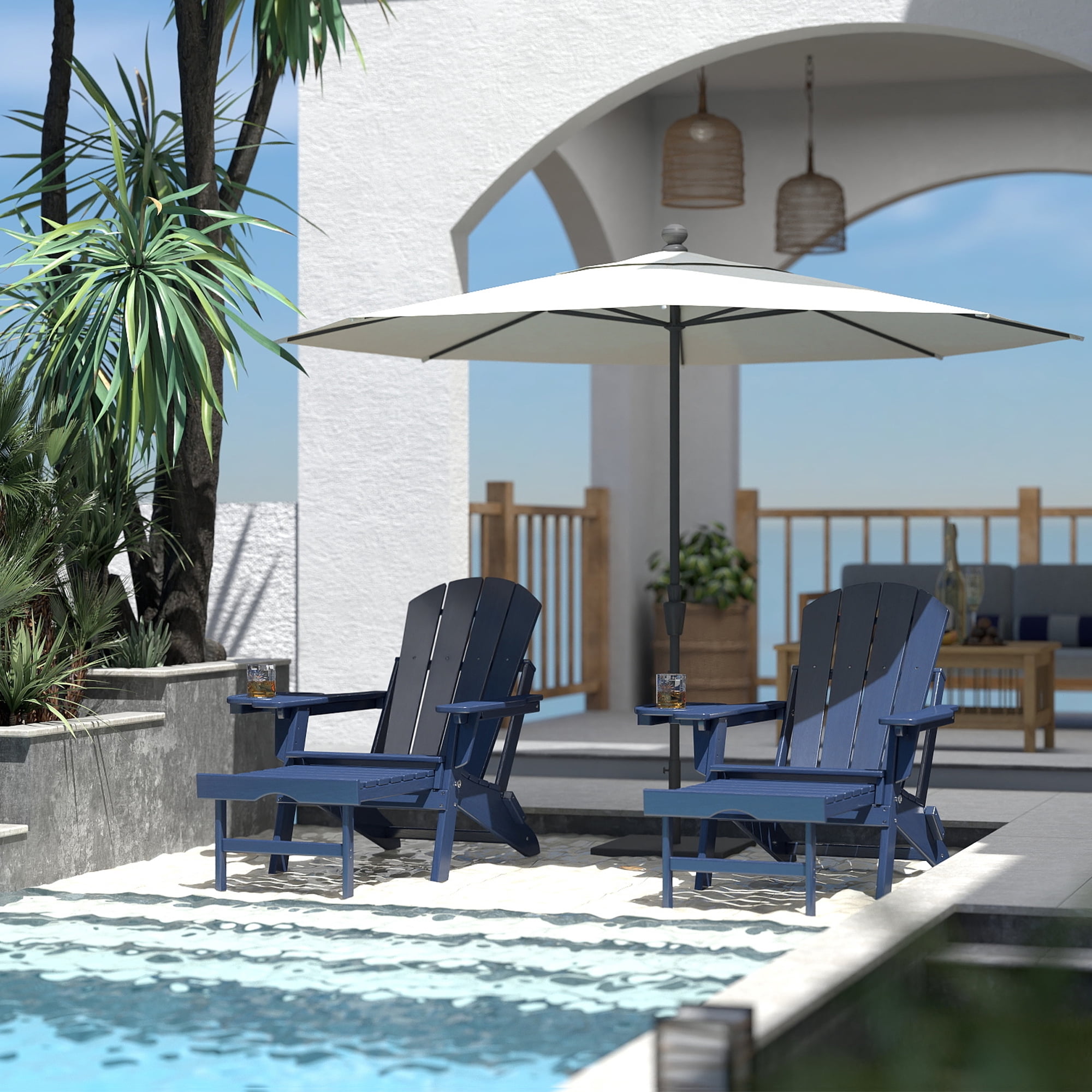 2PCS Folding Adirondack Chair with Retractable Ottoman, HDPE All-Weather Resistant Adjustable Backrest Adirondack Chair w/4 in 1 Cup Holder Trays, Navy Blue