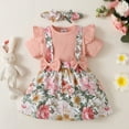 thumbnail image 2 of JIAYUE Baby Girls Clothing Set Floral Print Long Sleeve Round Neck Bow Detail Ruffle Trim Romper With Suspenders Dress And Headband 3PCS Toddler Comfort Outfit Sets, 2 of 9