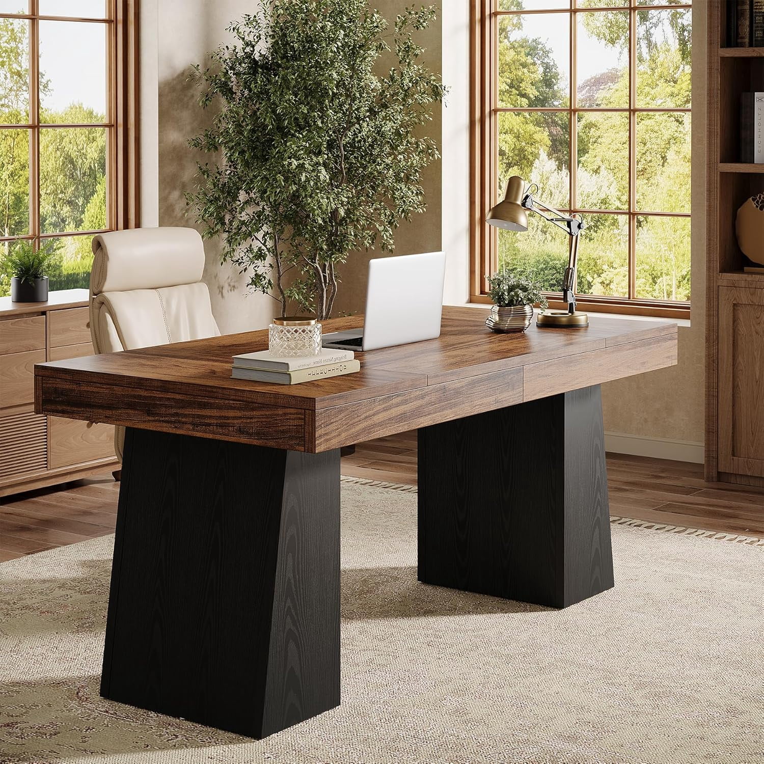 Tribesigns Wooden Executive Desk, 55-Inch Computer Writing Table with Double Pedestal, Brown & Black