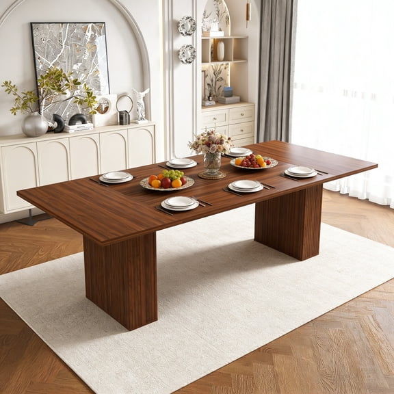 AENKYO 78" Rectangular Dining Table with Storage Base, Modern Farmhouse Wood Kitchen Table for 6, Walnut Finish