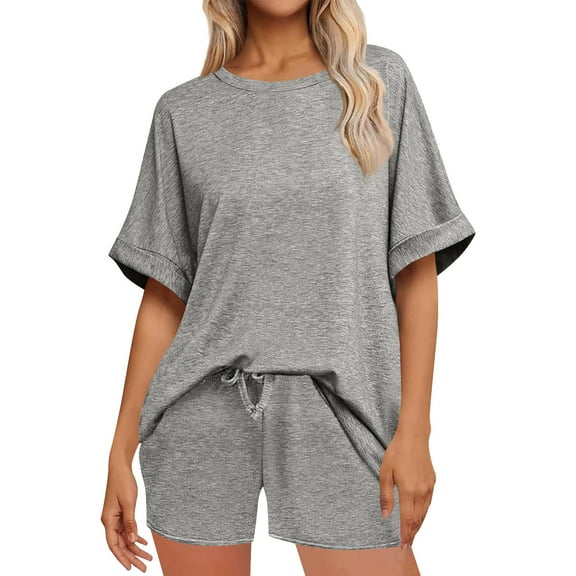 Lounge Sets for Women Short Sleeve Crew Neck Solid Color Women's Trendy Sets Summer Casual Shirts and Shorts 2 Pieces Leisure Outfits Gray XL