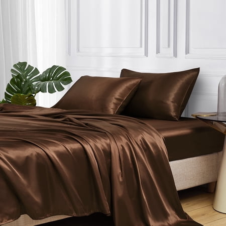 MR&HM Satin Sheet Set Queen 4 Pcs Silky Elegant Luxurious Queen Size Bed Sheets with Flat Sheet Deep Pocket Fitted Sheet for Mattress and Matching Satin Pillow Cases (Queen Size Brown)