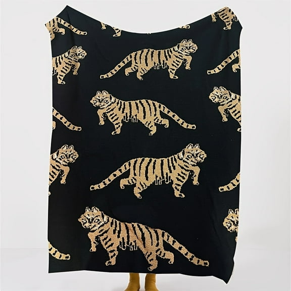 Soft Warm Tiger Pattern Knitted Blanket Sofa Air Conditioning Blanket Acrylic Material Blanket Comfortable Four Seasons Sofa Office Bed Camping Travel