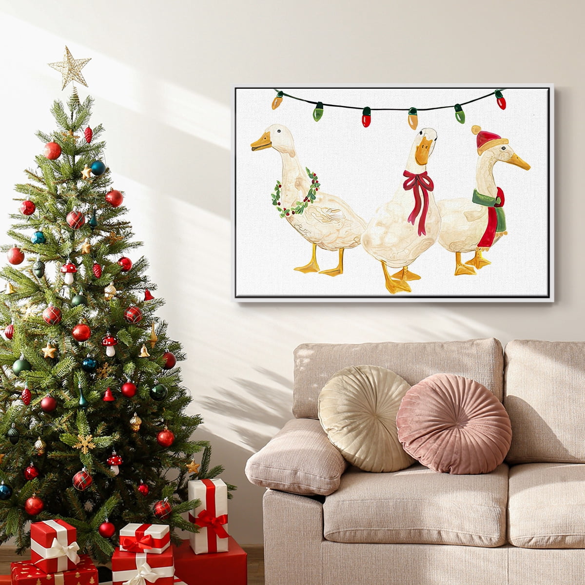 Merry Quackmas Collection A - Framed Gallery Wrapped Holiday Canvas - 17 x 25 - White Frame