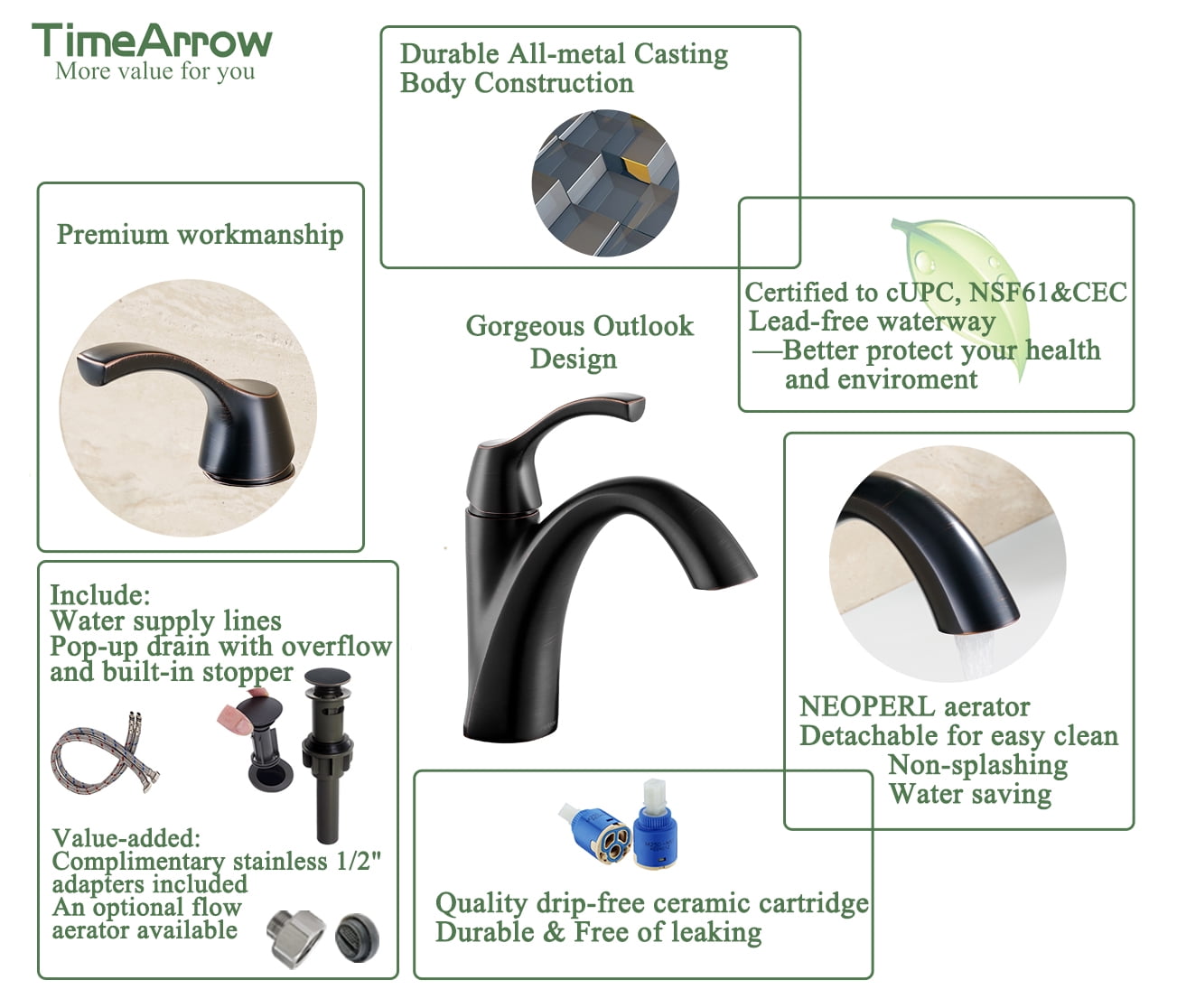 TimeArrow Bathroom Sink Faucet Oil Rubbed Bronze, Single Handle Bathroom Faucet for 1 Hole with 3 Holes Deck Plate, Lavatory Vanity Faucet, Pop Up Drain and Water Supply Lines Included, TAF206-ORB