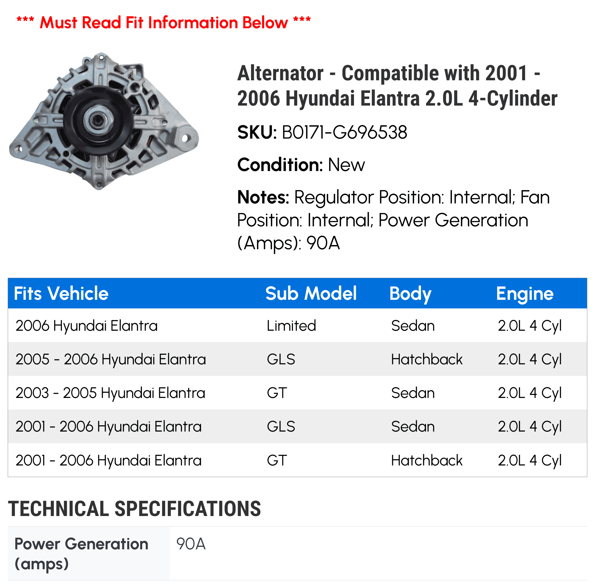 Alternator - Compatible with 2001 - 2006 Hyundai Elantra 2.0L 4-Cylinder 2002 2003 2004 2005