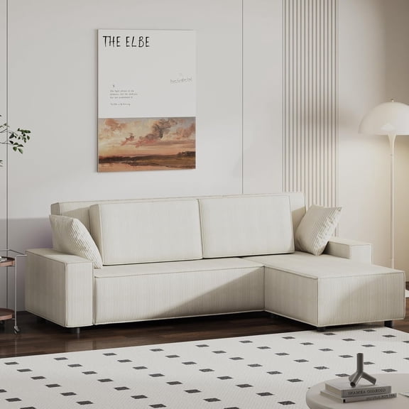 BouPower 96" Modular Sectional Sofa, 3 Seater Corduroy Comfy Cloud Couches with Throw Pillows & Movable Ottoman, L Shaped Couch for Living Room, Bedroom and Apartment