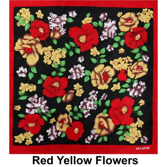 Red Yellow Flowers Designs Cotton Bandana (22 inches x 22 inches)