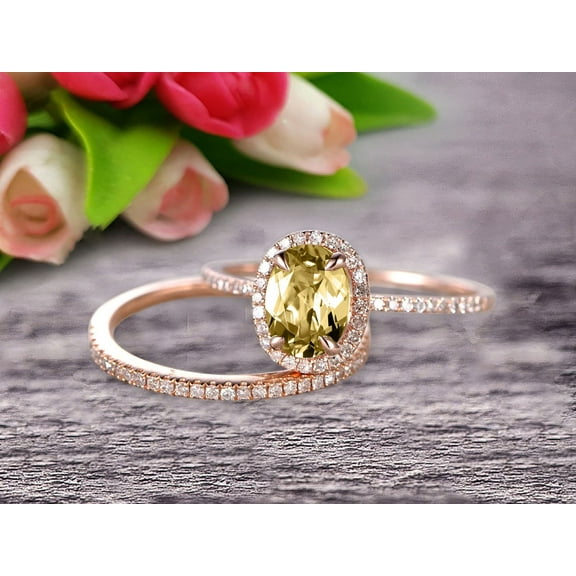 Bridal Set 8x6mm Oval Cut Gemstone 2.50 Carat Champagne Diamond Moissanite Engagement Ring Wedding Ring On 10k Rose Gold Anniversary Gift Glaring Staggering Ring