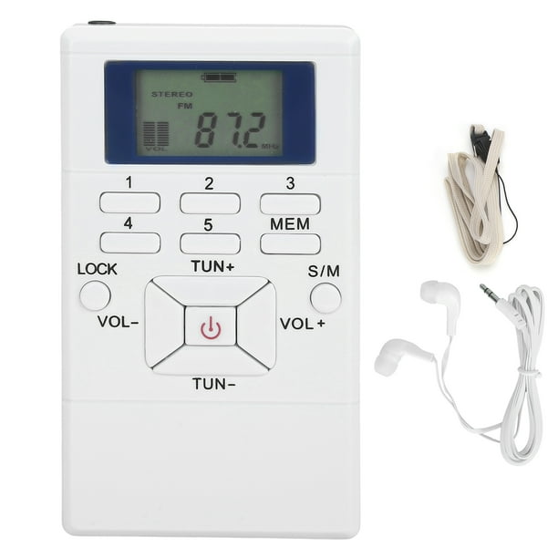 Radio profesional QQT102 Mini receptor FM estéreo portátil con pantalla LCD y auriculares, color blanco