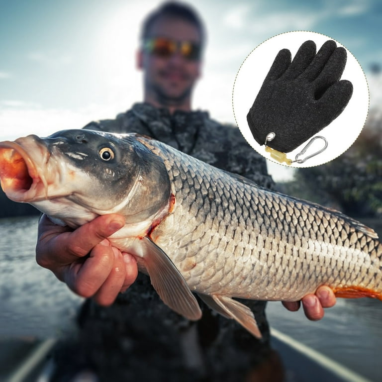 Catch Fish Gloves Thicken Rubber Grain Skidproof Fishing Gloves  Anti-Fishbone Gloves with Hanging Buckle for Indoor Outdoor Fishing Hunting  (Black