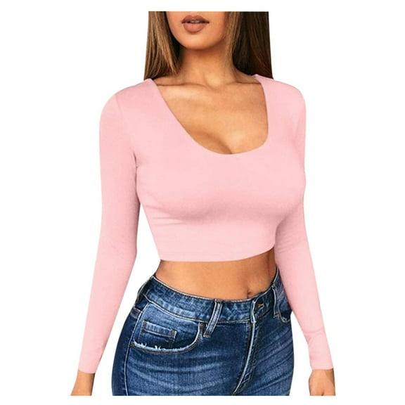 Summer Tops for Women Solid Color Bottom Shirt Sexy Short Cut Low Cut With Navel Tight Fitting Long Sleeved T Shirt For Long Sleeve Athletic Fit Spandex Turtleneck Summer Top Teen Pink L