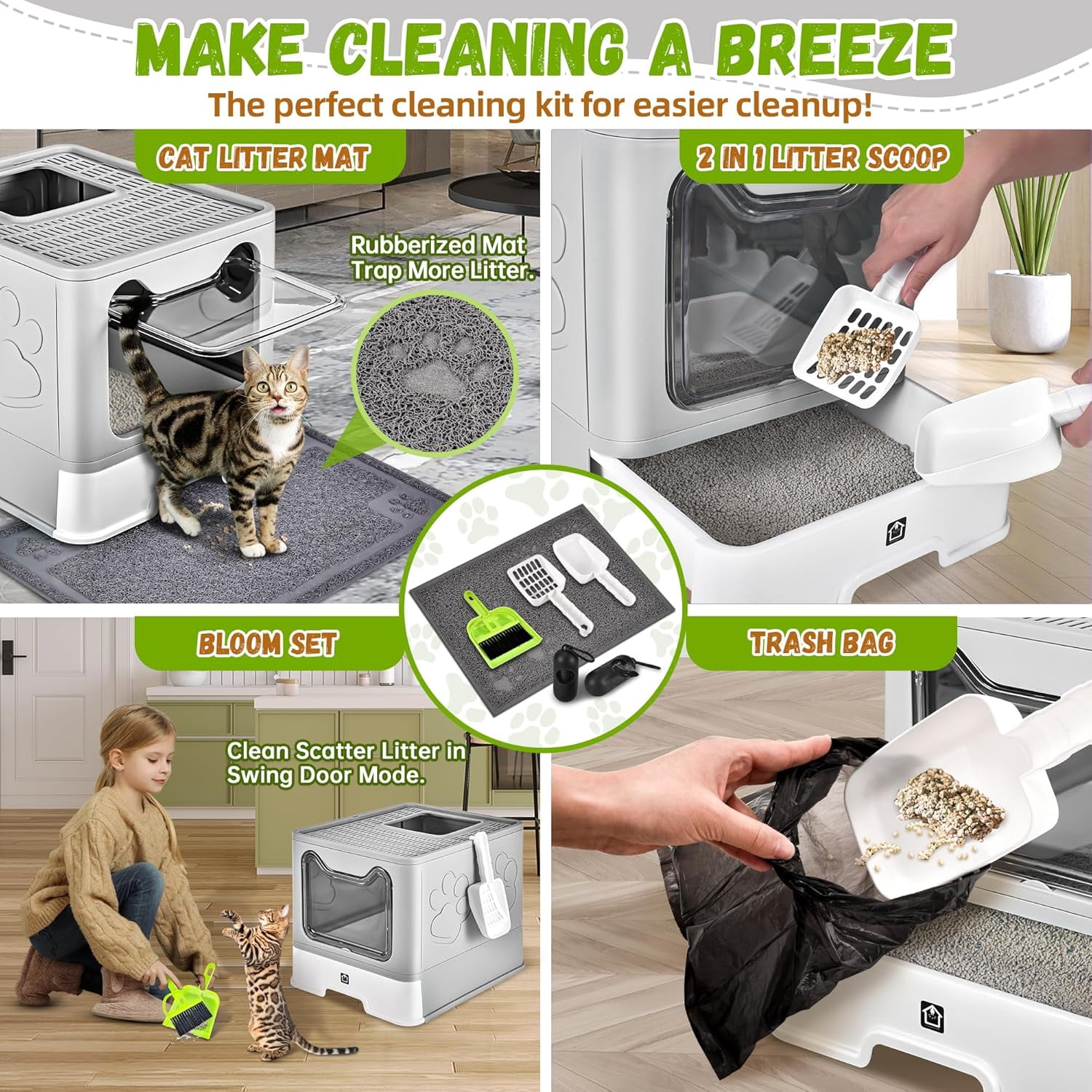 Enclosed Cat Litter Box with Lid Foldable Potty,Drawer Type Extra Large Cover Litter Box with Mat, Kitty Free in and Out/One-Way,Odor Control Anti-Splashing Easy Cleaning (Light Grey)