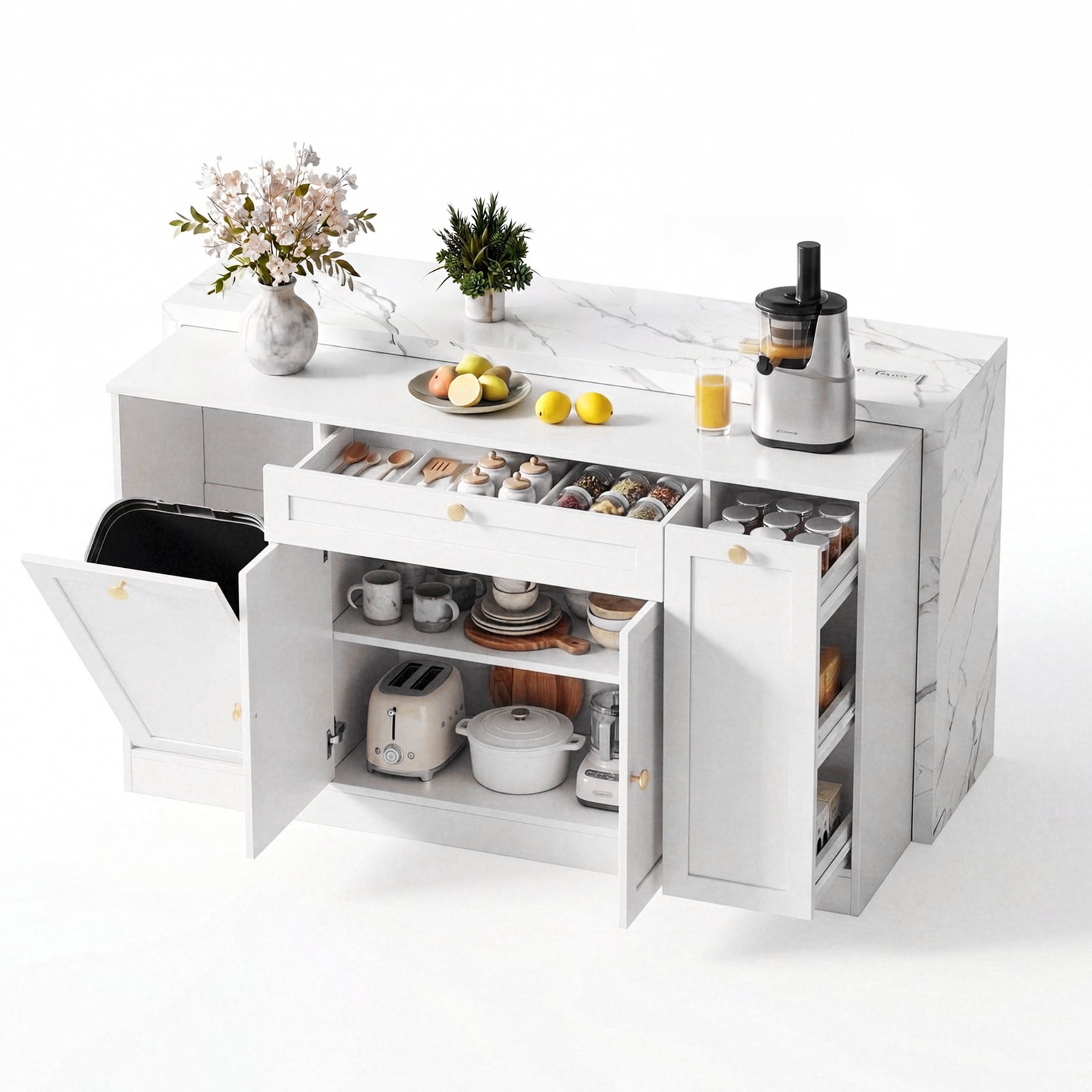 ROGALIS 63"Kitchen Island with Storage, Marble Countertop, Built-in Power Outlet, USB Charging & Trash Cabinet, Multi-Use Island Table for Kitchen Dining Room Living Room,White