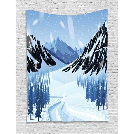 Northwoods Tapestry, Highlands Landscape with Mountains and Forest in a Blizzard Icy Roads, Wall Hanging for Bedroom Living Room Dorm Decor, 40W X 60L Inches, Baby Blue Black Blue, by