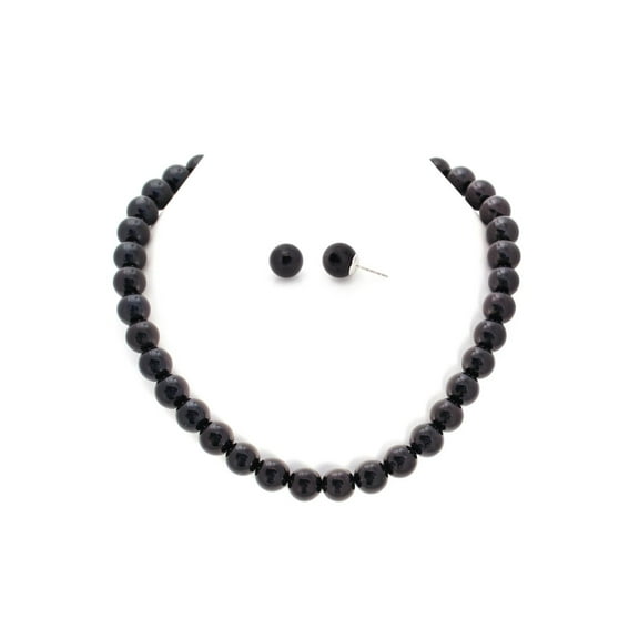TAZZA WOMEN'S SILVER BLACK GLASS PEARL NECKLACE AND STUD EARRING SET
