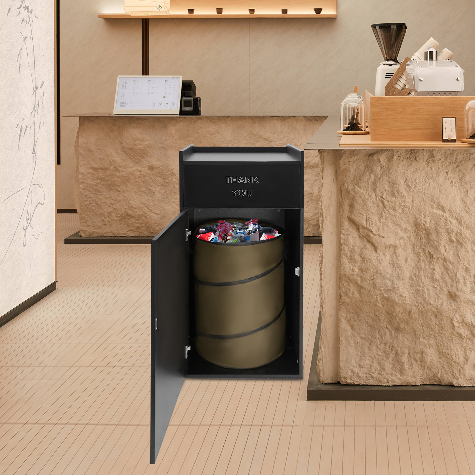 YIYIBYUS 30 Gallon Commercial Trash Can 110 Lbs Capacity, Modern Black Garbage Bin with Swing Door & Platform for Office, Food Court, Restaurant, Cafeteria