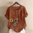 thumbnail image 2 of Sexlip Womens Short Sleeve Top Pattern Print Fringe Hem Side Button Design Loose Sleeve Soft Fabric Relaxed Silhouette for Weekend Outings Brown M, 2 of 5