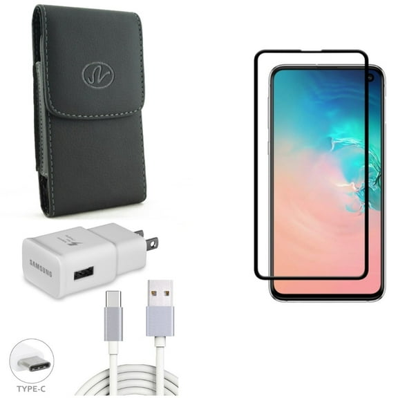 Galaxy S10e Fast Home Charger w Case Belt Clip w Screen Protector - Type-C 6ft USB Cable Quick, Leather Holster Cover, Tempered Glass 5D Curved Edge for Samsung Galaxy S10e Phone